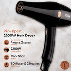 Vega Pro-Xpert 2200W Professional Hair Dryer for Women with 2 Speed/3 Heat Settings, Cool Shot Button, Diffuser & 2 Detachable Nozzles, Travel Friendly, (VHDP-03), 2000 Watts, Black