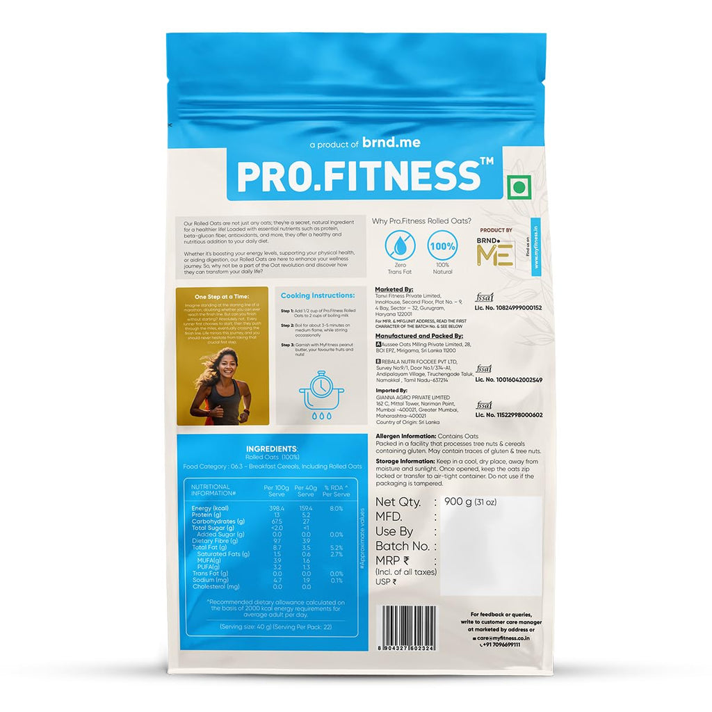 PRO.FITNESS Rolled Oats 900g |100% Wholegrain Premium Rolled Oats | 13g Protein & 10g Rich in Fiber | Nutritious & Healthy Breakfast Cereal