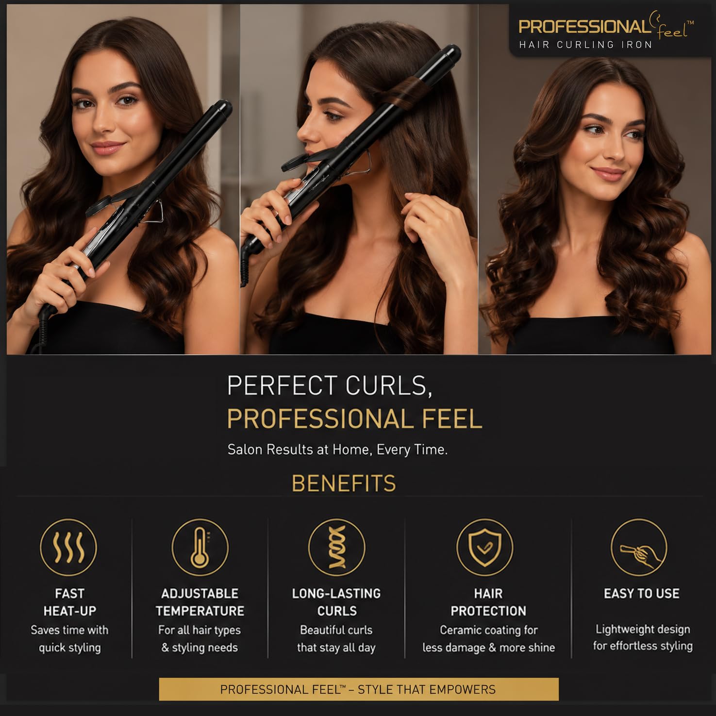 Professional Feel CURLING TONG, Hair Curler with 25mm Ceramic Barrel, Heat Ready Indicator, Comfortable Rubber Grip, Safety Stand and Salon Length Swivel Cord for quick Salon like finish (25mm)