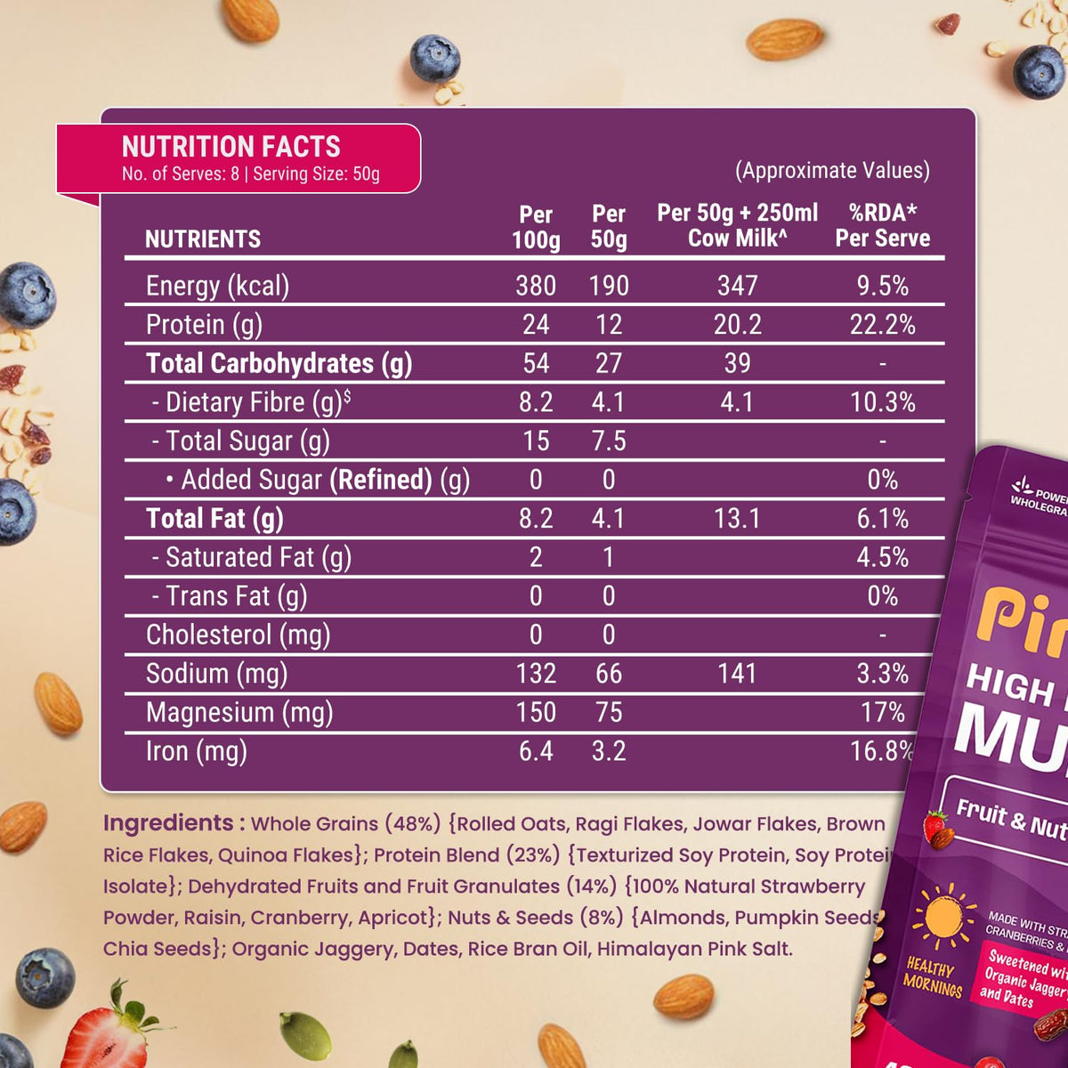 Pintola 25g High Protein Muesli, Fruit & Nut, 1kg | Gluten-Free, Naturally Sweetened with Organic Jaggery & Dates, 22% Fruits, Nuts & Seeds, No Refined Sugar, Healthy Breakfast Cereal (Pack of 3)