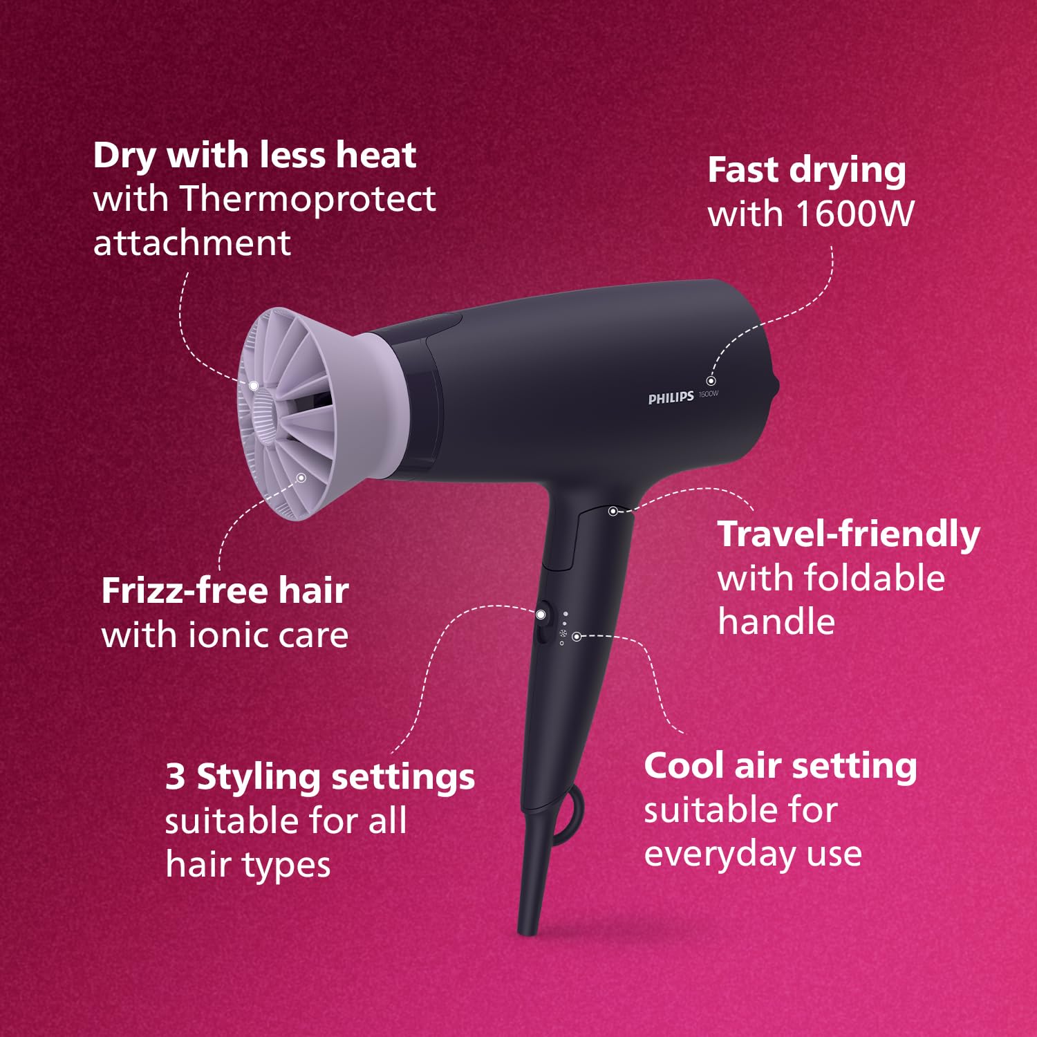 Philips Hair Dryer Powerful Drying with Less HeatIIonic Care for Smooth & Shiny HairI 3 Styling Options for Salon like BlowdryI 1600 WattsI Cool ShotI Men & WomenI 2 Year WarrantyI BHD318/00, Purple