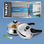 Milton Pro Cook Induction Cookware & Gas Stove Friendly Triply Stainless Steel Curve Pressure Cooker 2.5 Litre With Dual Lid | Outer & Glass Lid | Gasket Release System | ISI Certified | 5Y Warranty