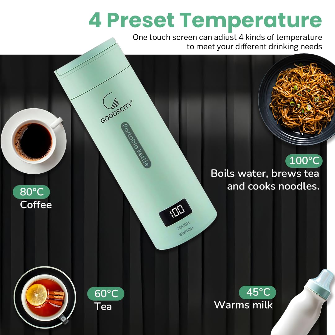 Goodscity Portable Electric Kettle Travel Water Bottle For Boiling Hot Water Milk With Cool Touch Exterior, Auto Shut Off, 300W fast Heating, Leakproof, 1 Touch Screen, 500 Ml, Green, 1 year Warranty