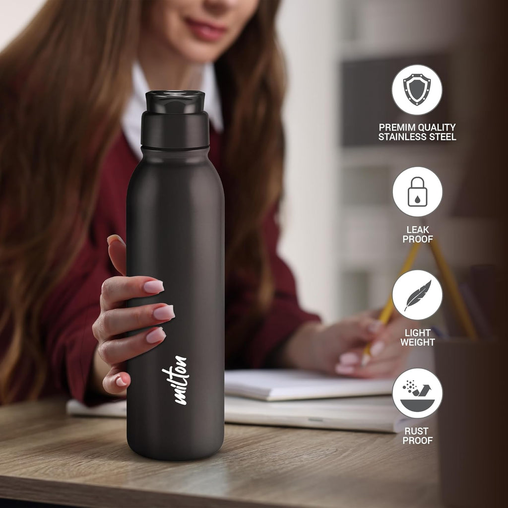 MILTON Caper 1000 Stainless Steel Water Bottle 870 ml, Single Walled, ISI Certified I Leak Proof Lid, Rust Proof I For School, Office, Gym I Black