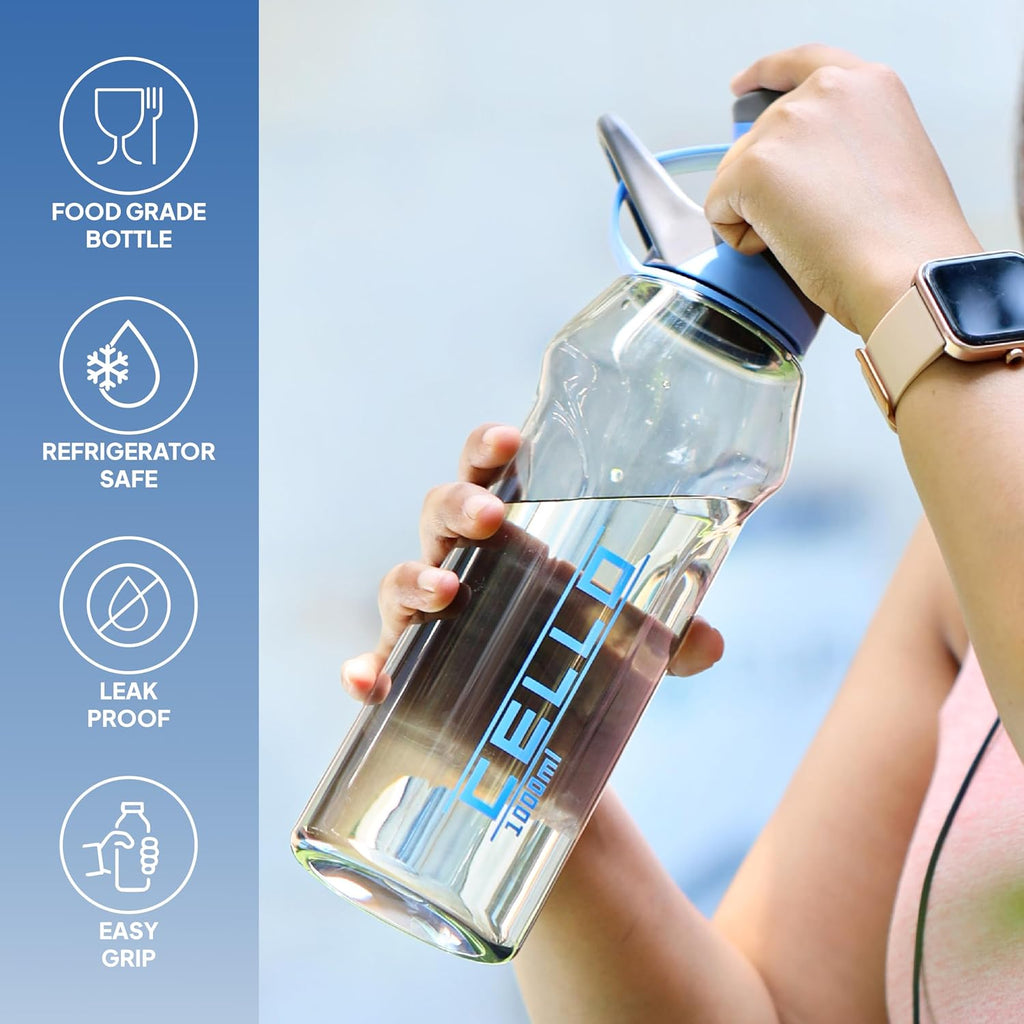 CELLO Fitbe Flip Cap Water Bottle For Daily Use 1000 ml, Black Blue | BPA Free, Reusable & Unbreakable Leakproof Lightweight Easy to Carry with Handle PET Water Bottle For Gym Office Indoor & Outdoor