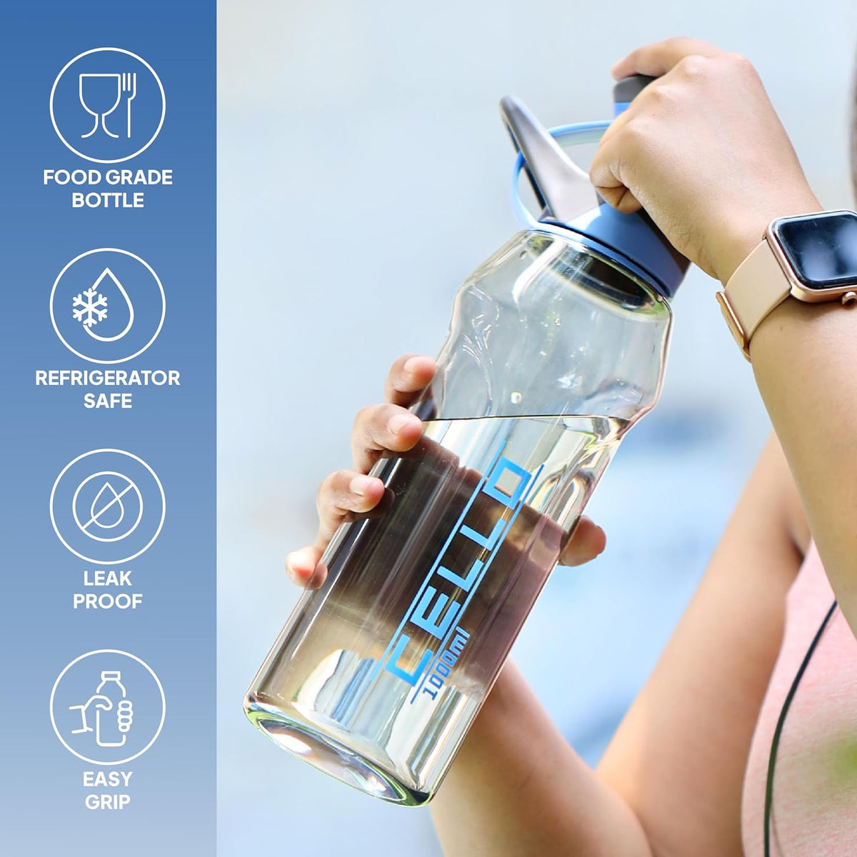 CELLO Fitbe Flip Cap Water Bottle For Daily Use 1000 ml, Black Blue | BPA Free, Reusable & Unbreakable Leakproof Lightweight Easy to Carry with Handle PET Water Bottle For Gym Office Indoor & Outdoor