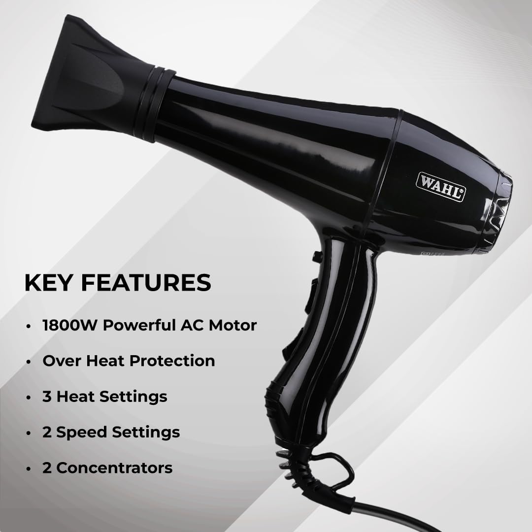 Wahl 05439-1024 Super Dry 1800 Watts Professional Styling Hair Dryer with Tourmaline Technology, Black, 3 Heat Settings 2 Speed Settings, 2.4 m long cord, Cold Shot Button to Prevent Hair Damage, Secondary Thermal fuse for Overheat Protection