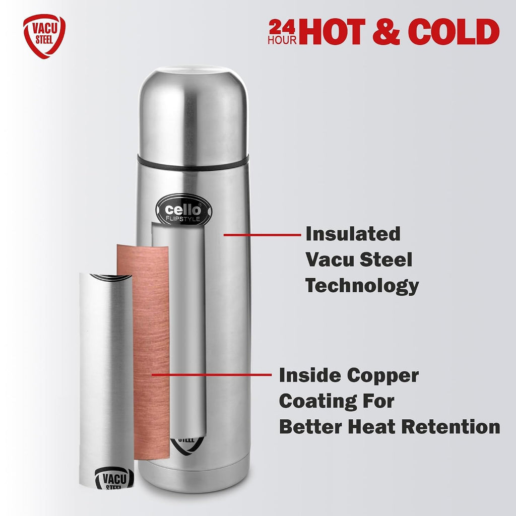 CELLO Swift Stainless Steel Hot and Cold Water Bottle 1000 ml Silver | ISI Certified Spillproof Leakproof Screw Lid Double Wall Vacuum Insulated Thermos Flask Water Bottle for Home Office Gym Travel