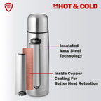 CELLO Swift Stainless Steel Hot and Cold Water Bottle 1000 ml Silver | ISI Certified Spillproof Leakproof Screw Lid Double Wall Vacuum Insulated Thermos Flask Water Bottle for Home Office Gym Travel