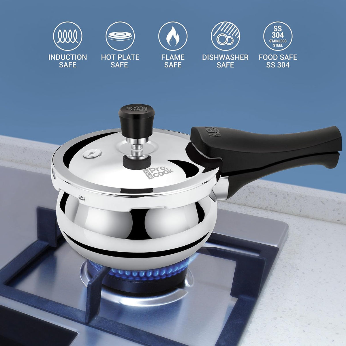 Milton Pro Cook Induction Cookware & Gas Stove Friendly Triply Stainless Steel Curve Pressure Cooker 2.5 Litre With Dual Lid | Outer & Glass Lid | Gasket Release System | ISI Certified | 5Y Warranty