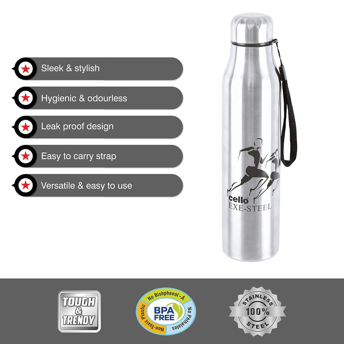 CELLO Goldie Stainless Steel Water Bottle 1000 ml, Silver | ISI Certified, Single Walled, Rust & Leakproof, Easy to Open & Pour Wide Mouth Steel Bottle | Perfect for School, College, Office, Travel