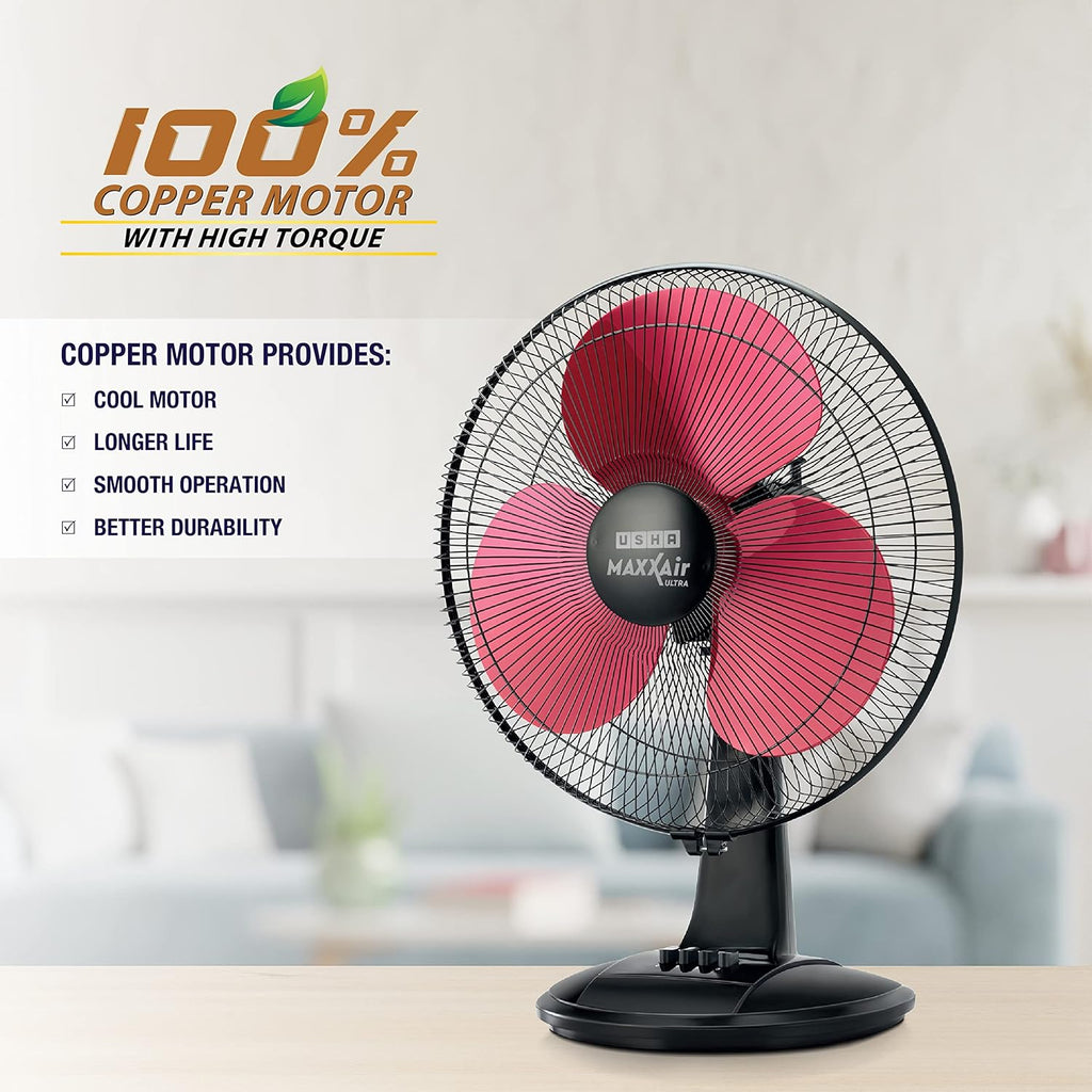 USHA Maxx Air Ultra Table Fan | 400MM Sweep Size | 1350_RPM | Aerodynamic Blade Design for High Air Delivery | Corrosion Protection with Plastic Blades | 3 Speed Settings | 100% Copper Motor| Maroon