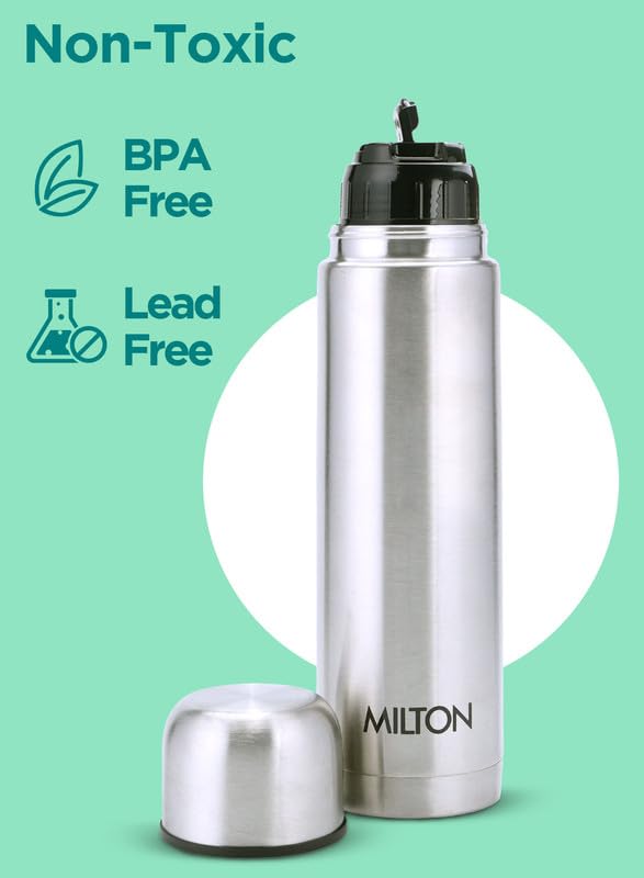 Milton Flip Lid 750 Thermosteel 750 ml Water Bottle, 24 Hr Hot and Cold I Leak Proof Lid with Jacket, ISI Certified I Vacuum Insulated I for Office, Gym, School I Silver