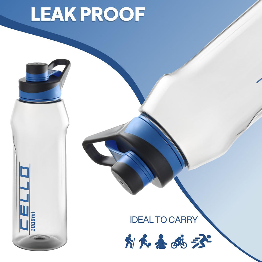 CELLO Fitbe Flip Cap Water Bottle For Daily Use 1000 ml, Black Blue | BPA Free, Reusable & Unbreakable Leakproof Lightweight Easy to Carry with Handle PET Water Bottle For Gym Office Indoor & Outdoor