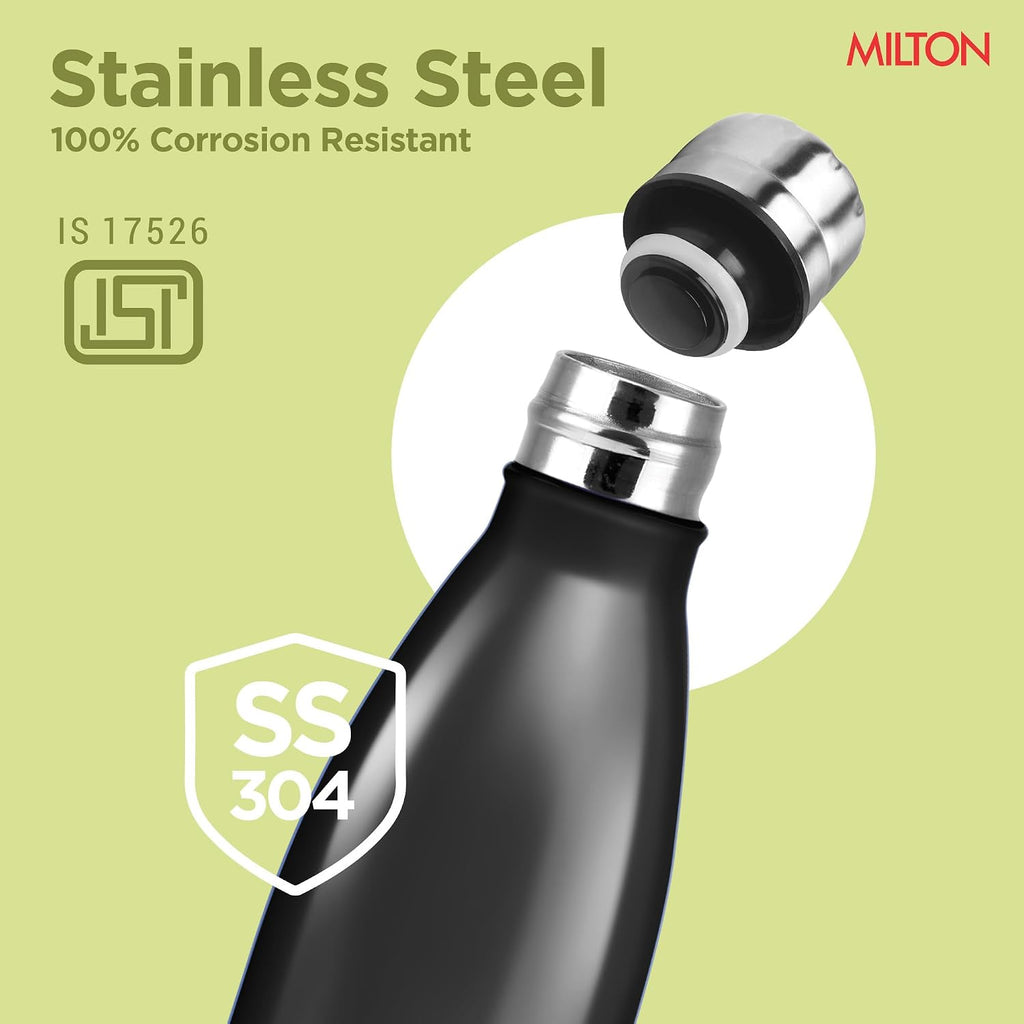 Milton Duo DLX 1000 Thermosteel Bottle, 1000 ml Water Bottles, 24 Hours Hot and Cold, Easy to Carry, Easy Grip, Rust Proof, Tea, Coffee, Office, Travel Bottle, Matt Black