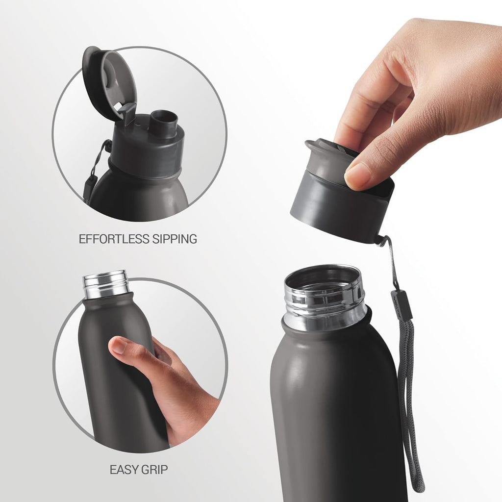 MILTON Caper 1000 Stainless Steel Water Bottle 870 ml, Single Walled, ISI Certified I Leak Proof Lid, Rust Proof I For School, Office, Gym I Black