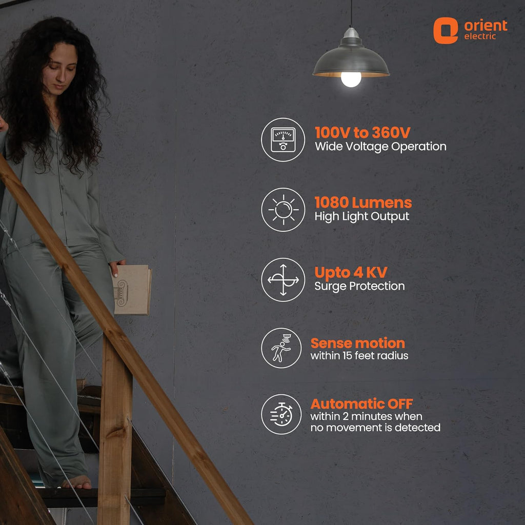 Orient Electric 12W Motion Sensor LED Bulb for Home | Radar based LED Light with Auto ON-OFF feature | Cool White, 6500K | B22d Cap | 4 kV Surge Protection | 1 Year Replacement Warranty | Pack of 1
