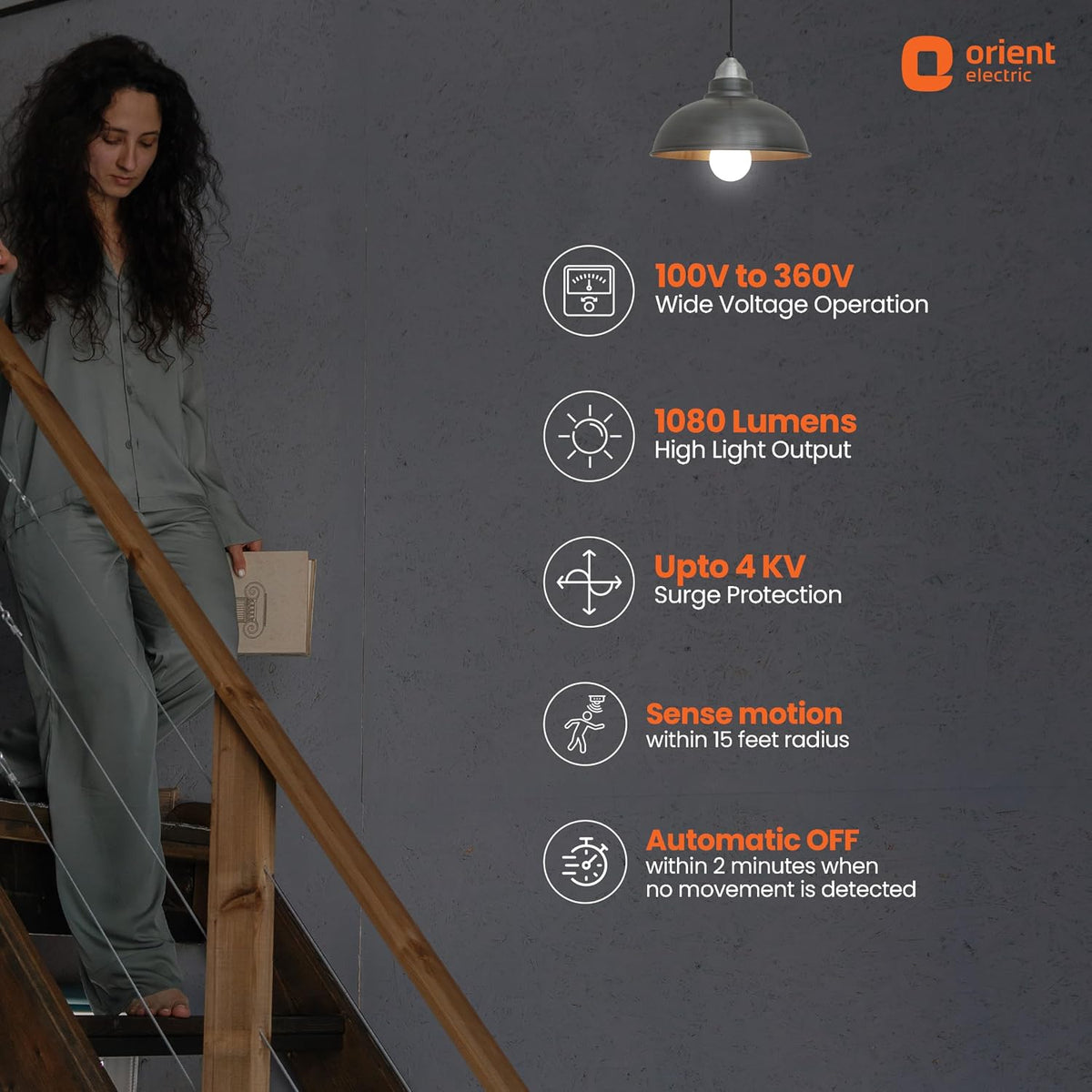 Orient Electric 12W Motion Sensor LED Bulb for Home | Radar based LED Light with Auto ON-OFF feature | Cool White, 6500K | B22d Cap | 4 kV Surge Protection | 1 Year Replacement Warranty | Pack of 1