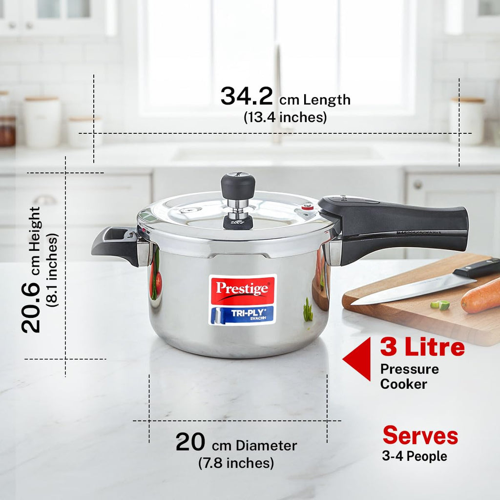 Prestige 3 Litre TRIPLY Svachh Outer Lid Pressure Cooker | Deep Lid for Spillage Control | Gas & Induction Compatible | Gasket Release System | Visual Pressure Indicator | 5Y Warranty