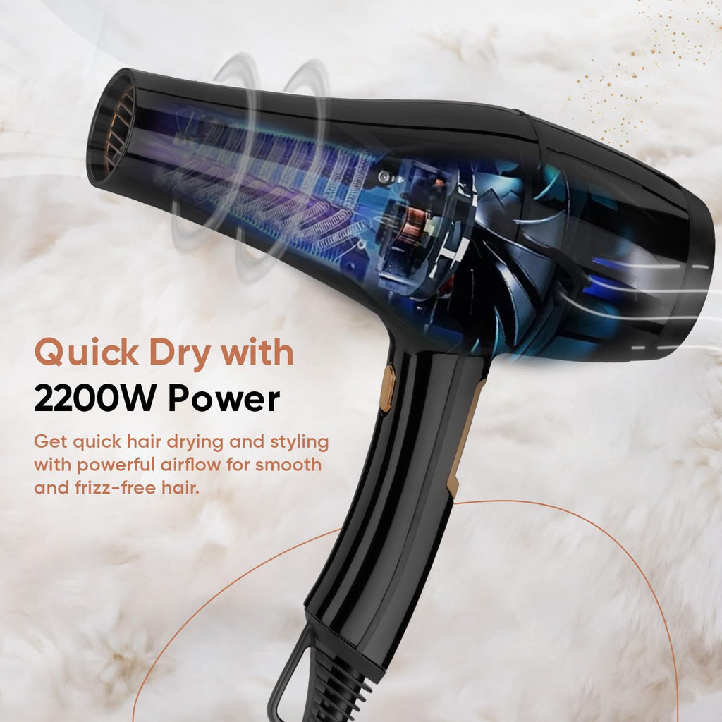 Vega Pro-Xpert 2200W Professional Hair Dryer for Women with 2 Speed/3 Heat Settings, Cool Shot Button, Diffuser & 2 Detachable Nozzles, Travel Friendly, (VHDP-03), 2000 Watts, Black