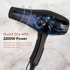 Vega Pro-Xpert 2200W Professional Hair Dryer for Women with 2 Speed/3 Heat Settings, Cool Shot Button, Diffuser & 2 Detachable Nozzles, Travel Friendly, (VHDP-03), 2000 Watts, Black