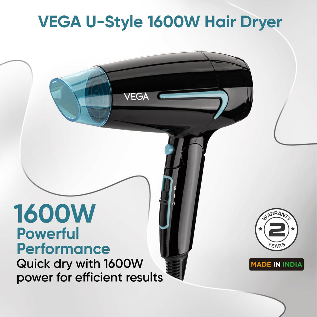 VEGA U Style 1400-1600W Foldable Hair Dryer for Women & Men with Cool Shot Button, 2 Speed/Heat Settings, Detachable Nozzle, Blow Dryer, 16 Amp Plug Fast Hair Drying, 2 Yrs Warranty (VHDH-24)