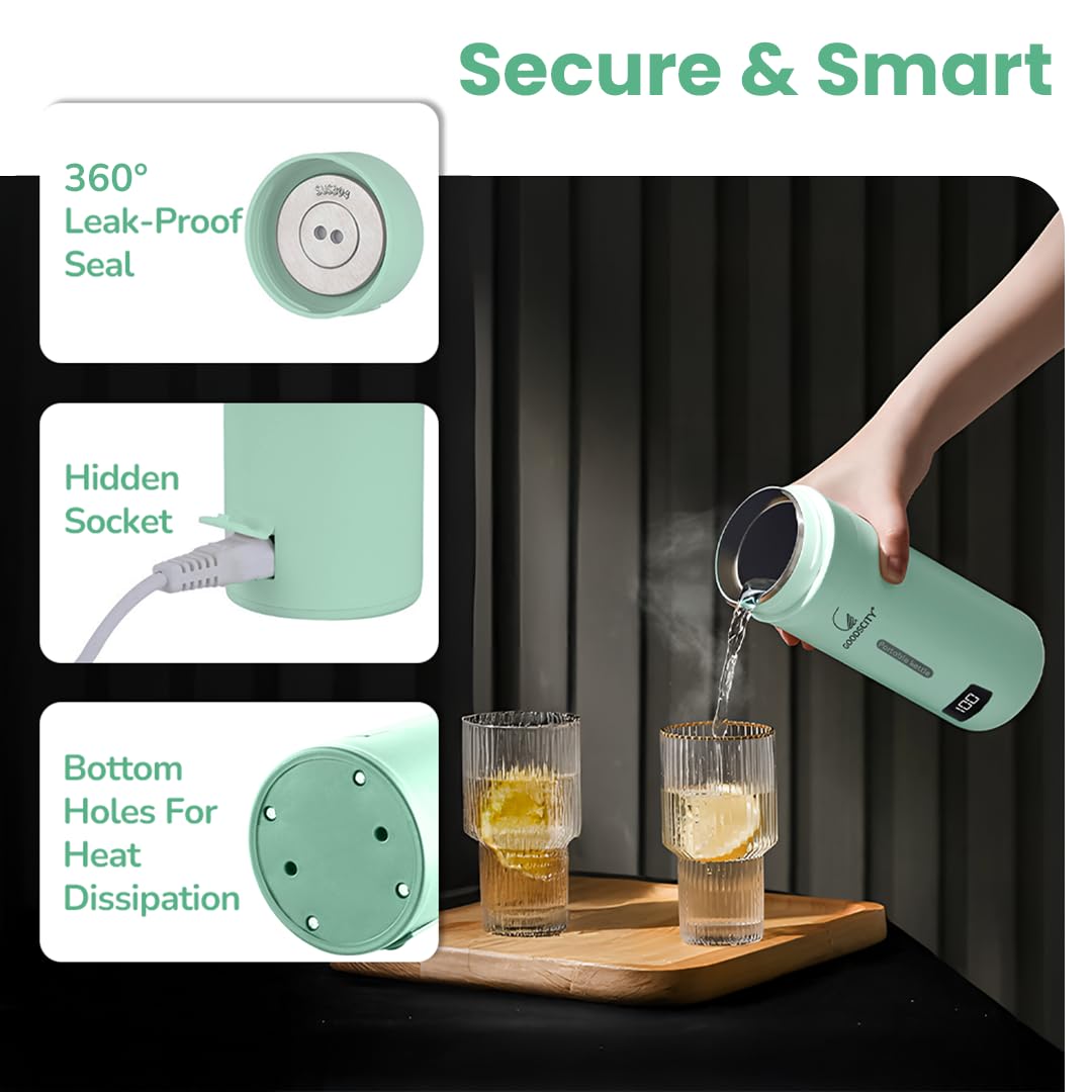 Goodscity Portable Electric Kettle Travel Water Bottle For Boiling Hot Water Milk With Cool Touch Exterior, Auto Shut Off, 300W fast Heating, Leakproof, 1 Touch Screen, 500 Ml, Green, 1 year Warranty