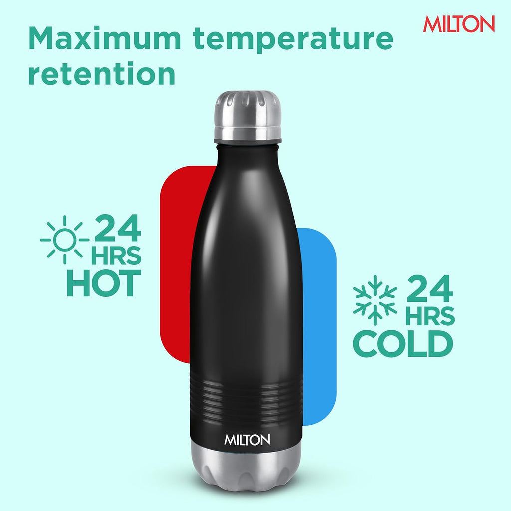 Milton Duo DLX 1000 Thermosteel Bottle, 1000 ml Water Bottles, 24 Hours Hot and Cold, Easy to Carry, Easy Grip, Rust Proof, Tea, Coffee, Office, Travel Bottle, Matt Black