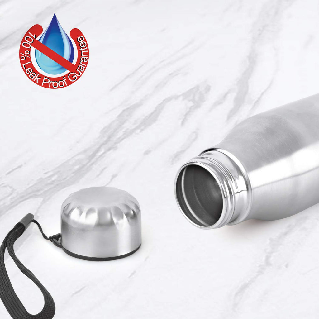 CELLO Goldie Stainless Steel Water Bottle 1000 ml, Silver | ISI Certified, Single Walled, Rust & Leakproof, Easy to Open & Pour Wide Mouth Steel Bottle | Perfect for School, College, Office, Travel