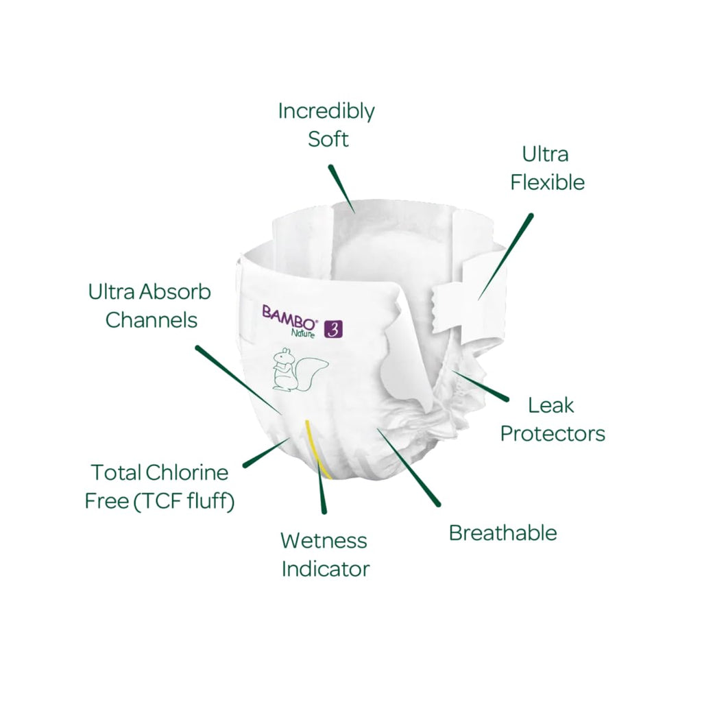 Bambo Nature Premium Baby Tape Diapers for Baby Medium Size (4-8 Kgs) - Super Absorbent, Breathable, Extra Soft, Dermatologically Tested Infant Nappies, Bamboo Diaper With Wetness Indicator, 84 Count (28 Count, Pack of 3)