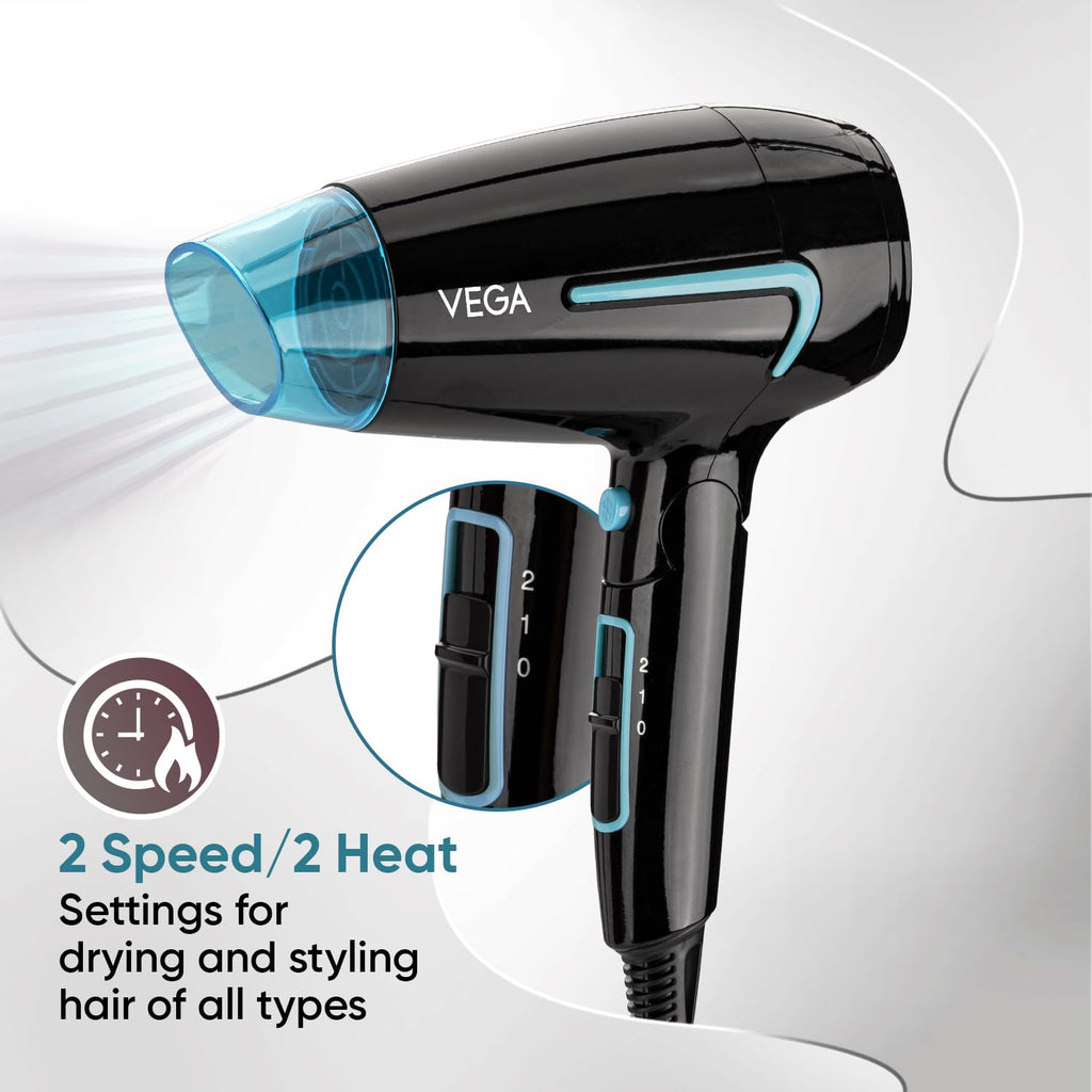 VEGA U Style 1400-1600W Foldable Hair Dryer for Women & Men with Cool Shot Button, 2 Speed/Heat Settings, Detachable Nozzle, Blow Dryer, 16 Amp Plug Fast Hair Drying, 2 Yrs Warranty (VHDH-24)