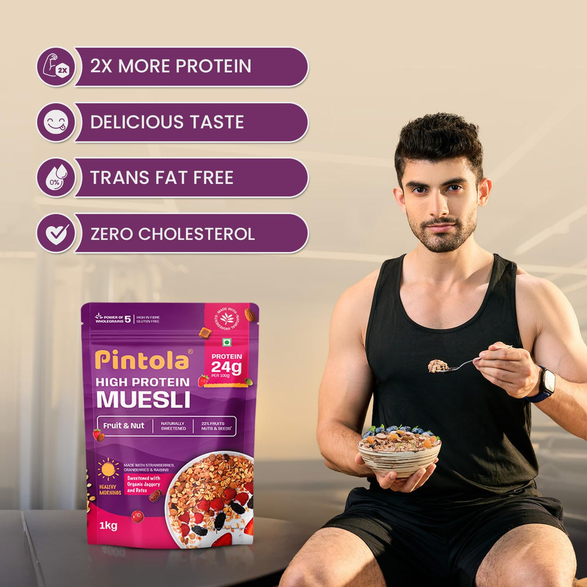 Pintola 25g High Protein Muesli, Fruit & Nut, 1kg | Gluten-Free, Naturally Sweetened with Organic Jaggery & Dates, 22% Fruits, Nuts & Seeds, No Refined Sugar, Healthy Breakfast Cereal (Pack of 3)