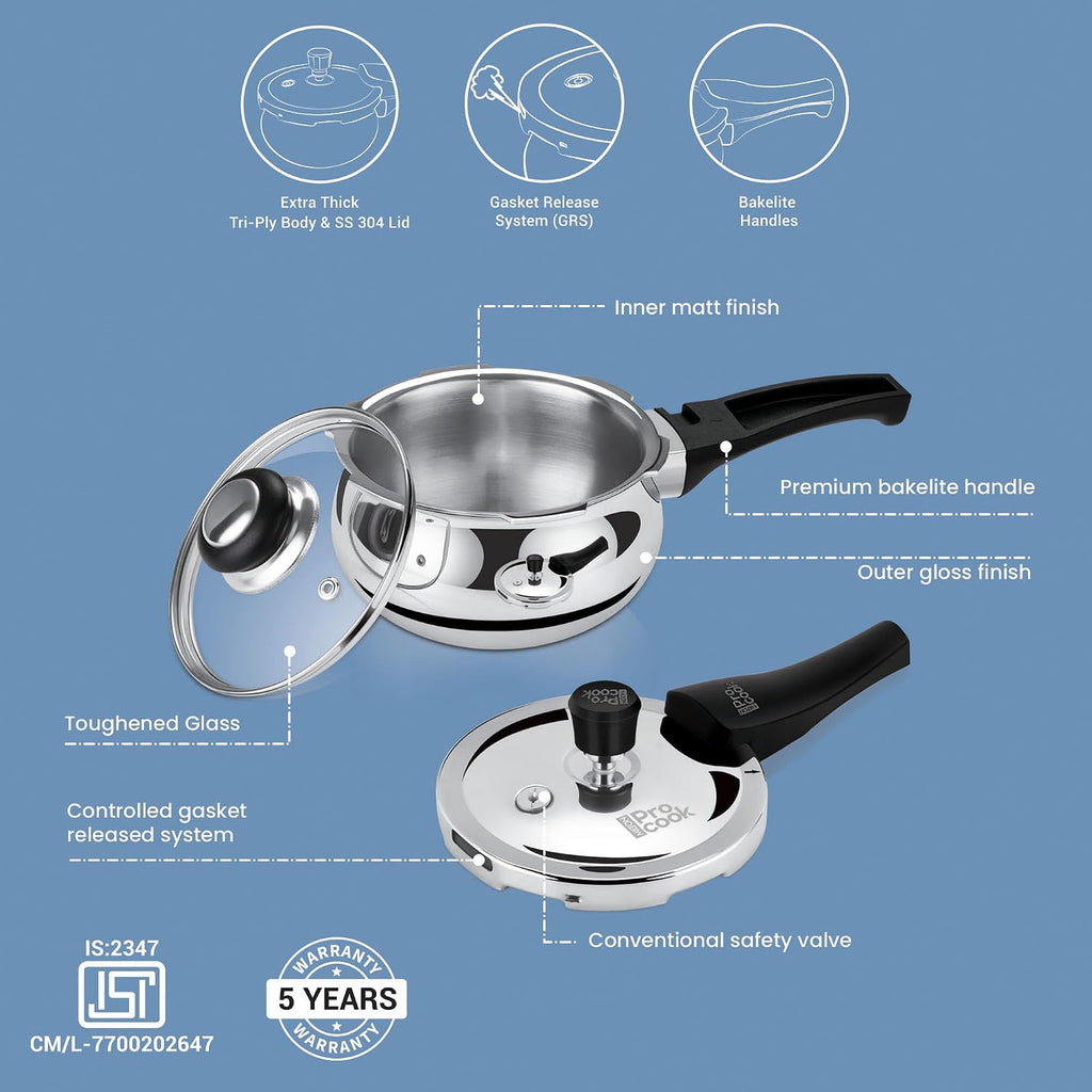 Milton Pro Cook Induction Cookware & Gas Stove Friendly Triply Stainless Steel Curve Pressure Cooker 2.5 Litre With Dual Lid | Outer & Glass Lid | Gasket Release System | ISI Certified | 5Y Warranty