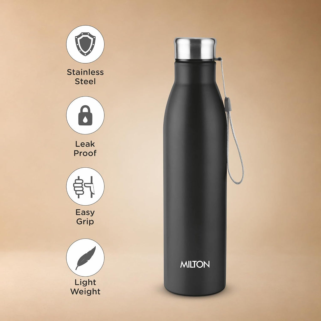 Milton Aero 1000 Stainless Steel Water Bottle I ISI Certified I Soft Powder Coat Premium Finish I Leak Proof - Light Weight I for Office, School, College, 980 ml, Black