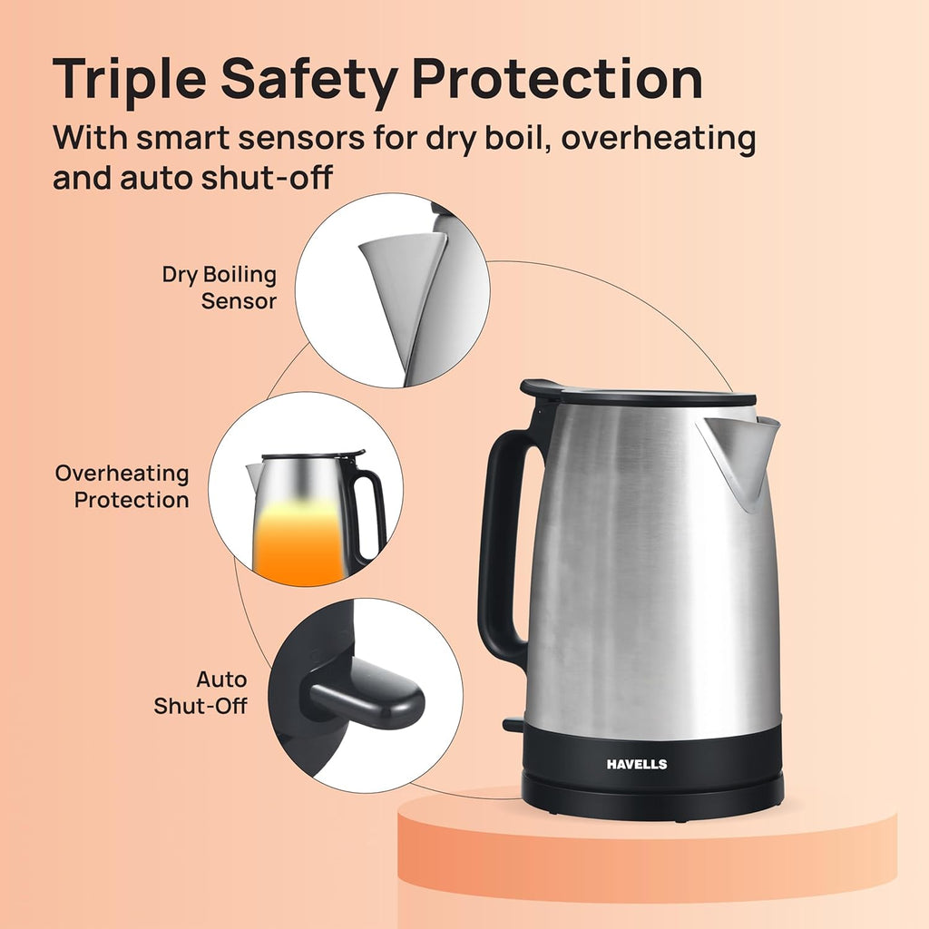 Havells Vesta Electric Kettle | Large 1.7L | 2000 Watts | 360° Cordless Control | Wide Mouth for Easy Use | Triple Safety Protection | Premium SS Body | 1Yr Door Step Warranty by Havells, rust