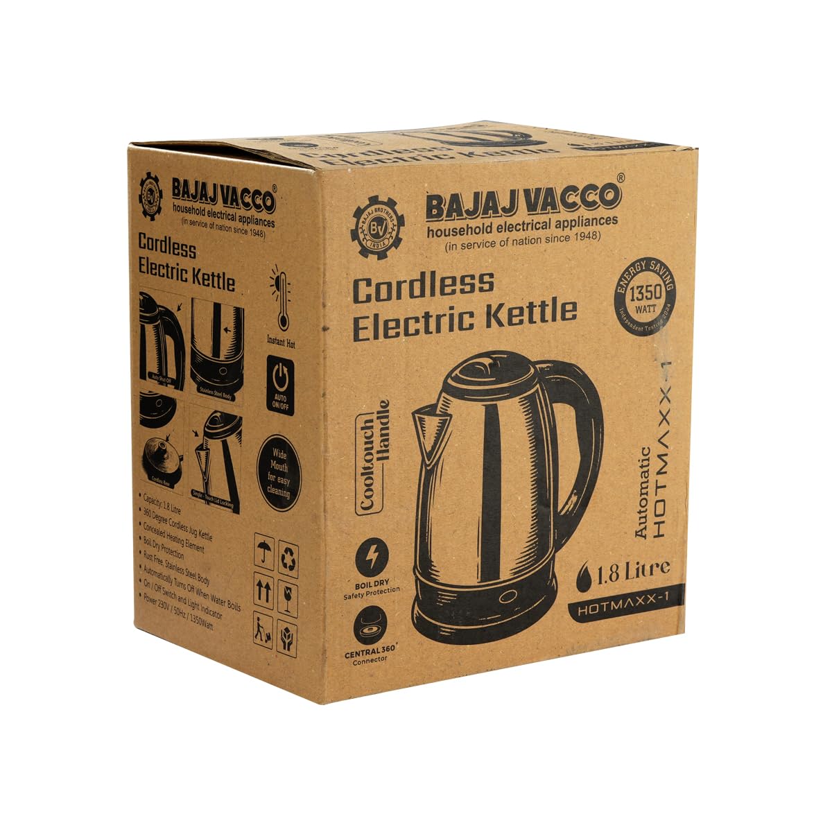 BAJAJ VACCO® Electric Kettle Hot Maxx - 1 | 1.8L Stainless Steel, 1350W | Rapid Boil, Cool Touch Handle | Perfect for Tea, Coffee & More