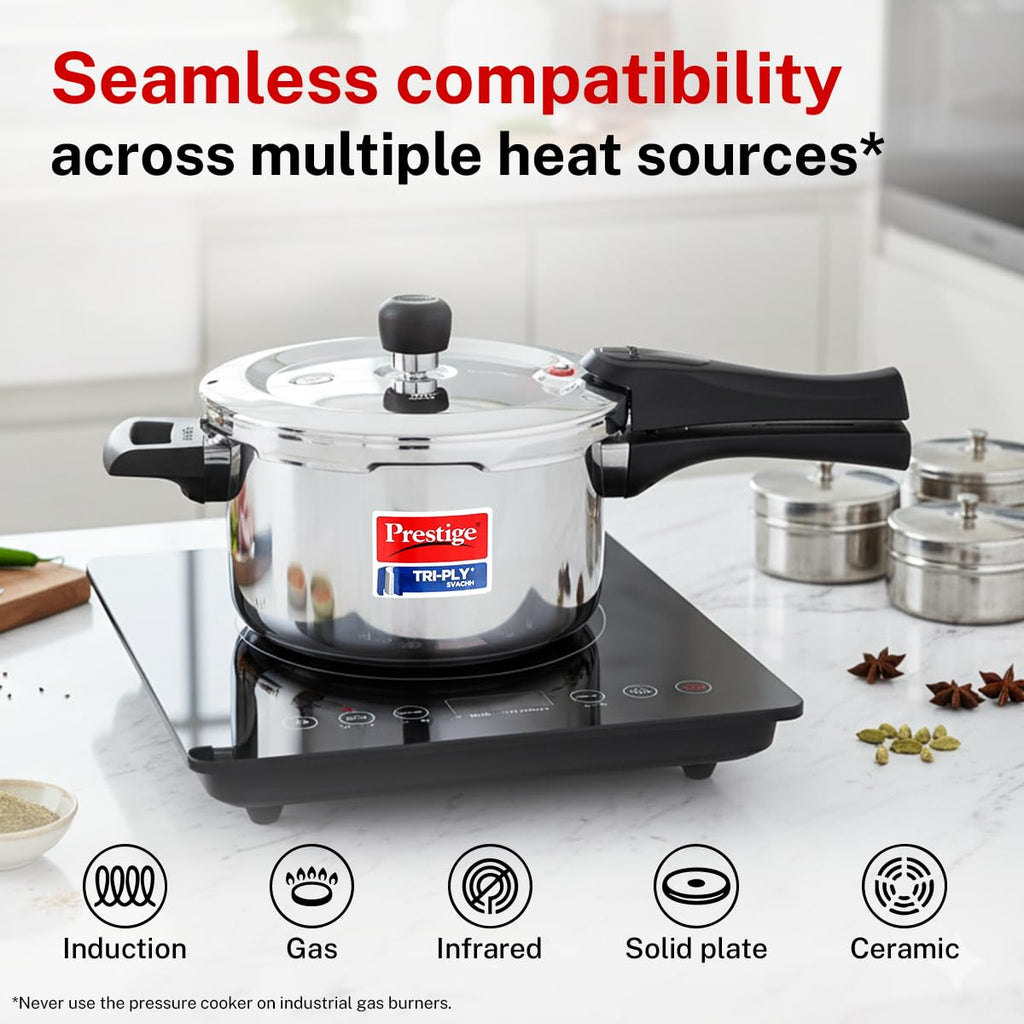 Prestige 3 Litre TRIPLY Svachh Outer Lid Pressure Cooker | Deep Lid for Spillage Control | Gas & Induction Compatible | Gasket Release System | Visual Pressure Indicator | 5Y Warranty
