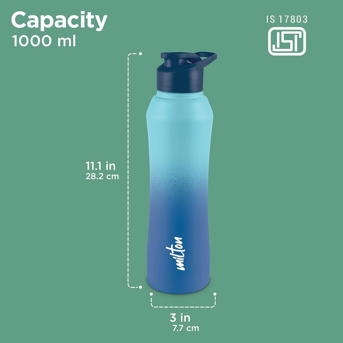 MILTON Comet 1000 ISI Certified Stainless Steel Water Bottle I Leak Proof I Rust proof I Single Walled I Ideal for Office, School, Home, Gym, 1000 ml, Light Blue & Dark Blue