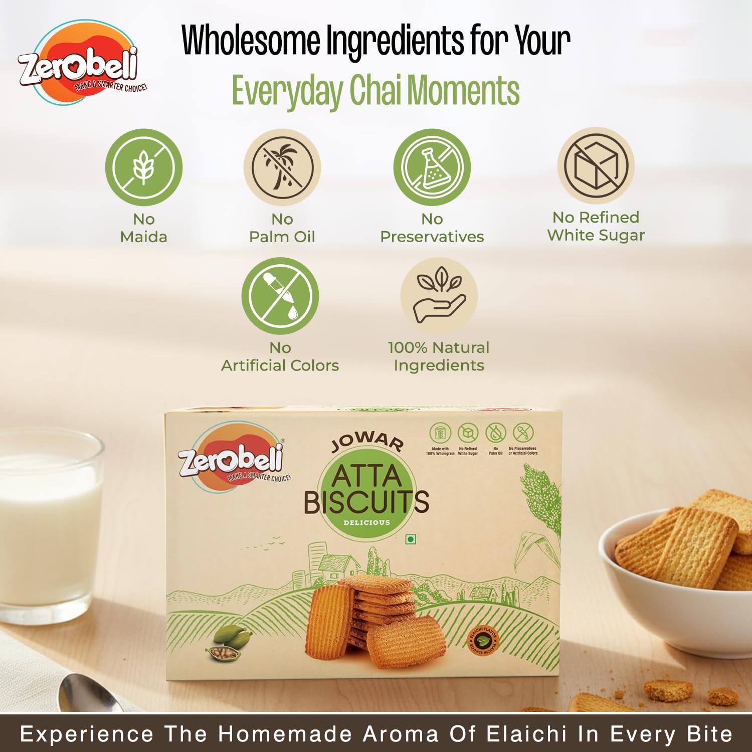 Zerobeli Premium Jowar Atta Digestive Biscuits with Elaichi - 375g