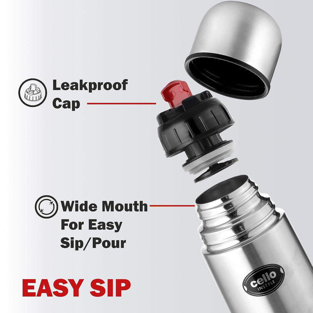CELLO Swift Stainless Steel Hot and Cold Water Bottle 1000 ml Silver | ISI Certified Spillproof Leakproof Screw Lid Double Wall Vacuum Insulated Thermos Flask Water Bottle for Home Office Gym Travel