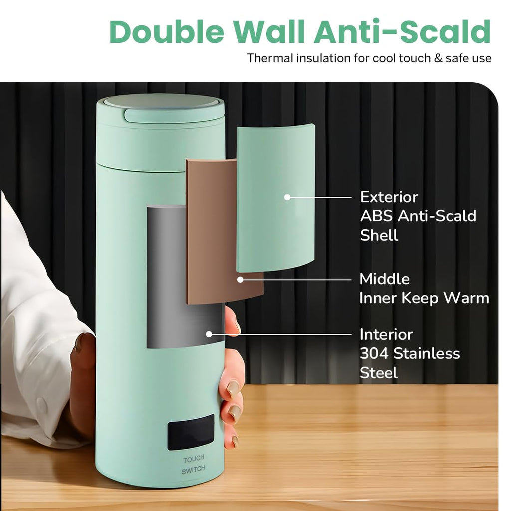 Goodscity Portable Electric Kettle Travel Water Bottle For Boiling Hot Water Milk With Cool Touch Exterior, Auto Shut Off, 300W fast Heating, Leakproof, 1 Touch Screen, 500 Ml, Green, 1 year Warranty