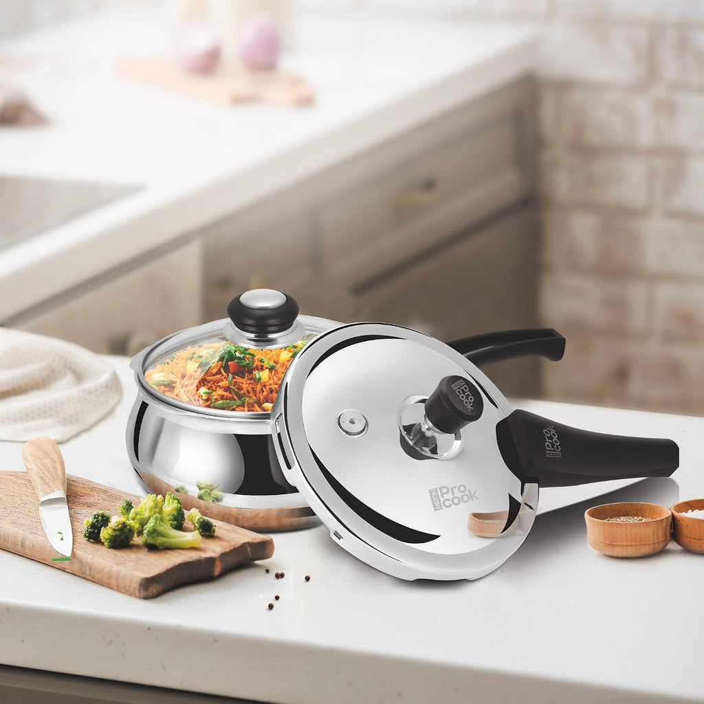 Milton Pro Cook Induction Cookware & Gas Stove Friendly Triply Stainless Steel Curve Pressure Cooker 2.5 Litre With Dual Lid | Outer & Glass Lid | Gasket Release System | ISI Certified | 5Y Warranty