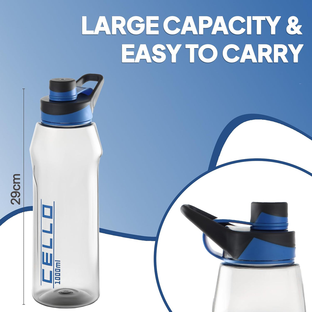 CELLO Fitbe Flip Cap Water Bottle For Daily Use 1000 ml, Black Blue | BPA Free, Reusable & Unbreakable Leakproof Lightweight Easy to Carry with Handle PET Water Bottle For Gym Office Indoor & Outdoor