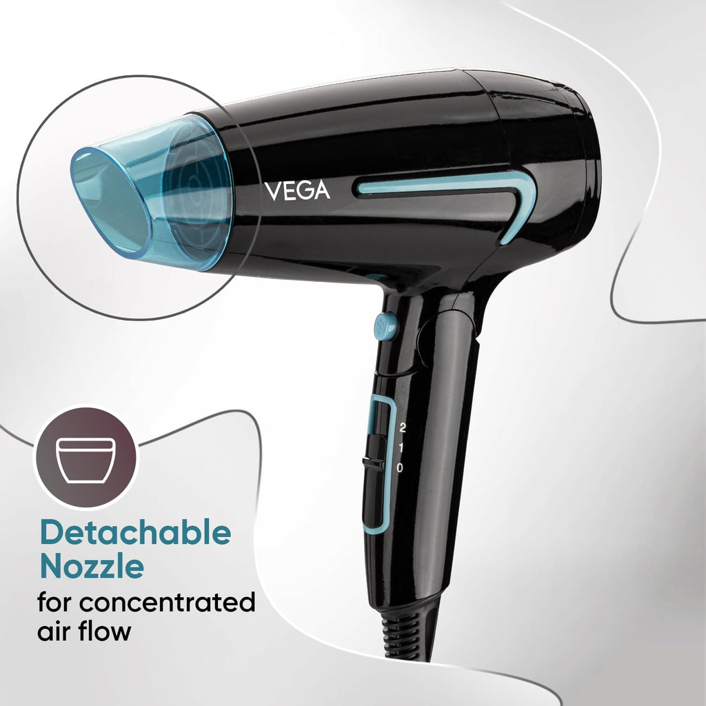 VEGA U Style 1400-1600W Foldable Hair Dryer for Women & Men with Cool Shot Button, 2 Speed/Heat Settings, Detachable Nozzle, Blow Dryer, 16 Amp Plug Fast Hair Drying, 2 Yrs Warranty (VHDH-24)