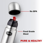 CELLO Swift Stainless Steel Hot and Cold Water Bottle 1000 ml Silver | ISI Certified Spillproof Leakproof Screw Lid Double Wall Vacuum Insulated Thermos Flask Water Bottle for Home Office Gym Travel