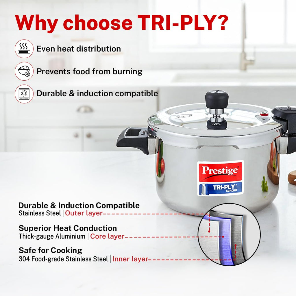 Prestige 3 Litre TRIPLY Svachh Outer Lid Pressure Cooker | Deep Lid for Spillage Control | Gas & Induction Compatible | Gasket Release System | Visual Pressure Indicator | 5Y Warranty