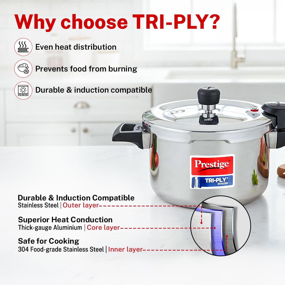 Prestige 3 Litre TRIPLY Svachh Outer Lid Pressure Cooker | Deep Lid for Spillage Control | Gas & Induction Compatible | Gasket Release System | Visual Pressure Indicator | 5Y Warranty