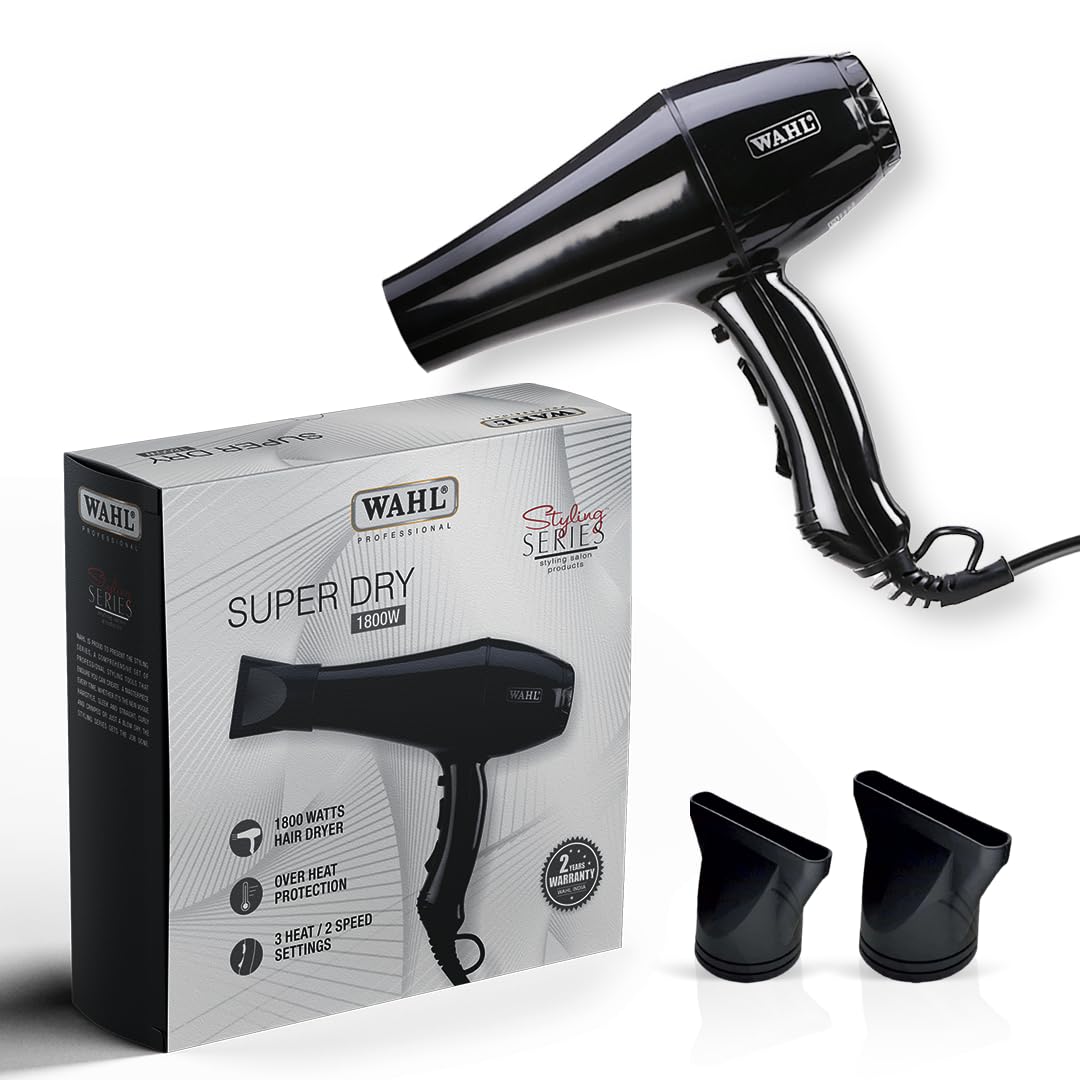 Wahl 05439-1024 Super Dry 1800 Watts Professional Styling Hair Dryer with Tourmaline Technology, Black, 3 Heat Settings 2 Speed Settings, 2.4 m long cord, Cold Shot Button to Prevent Hair Damage, Secondary Thermal fuse for Overheat Protection