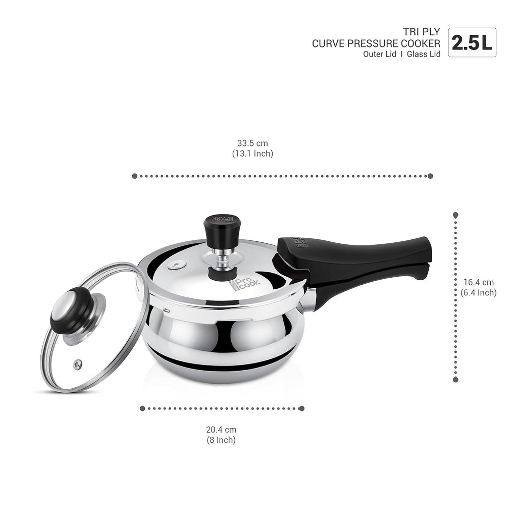 Milton Pro Cook Induction Cookware & Gas Stove Friendly Triply Stainless Steel Curve Pressure Cooker 2.5 Litre With Dual Lid | Outer & Glass Lid | Gasket Release System | ISI Certified | 5Y Warranty