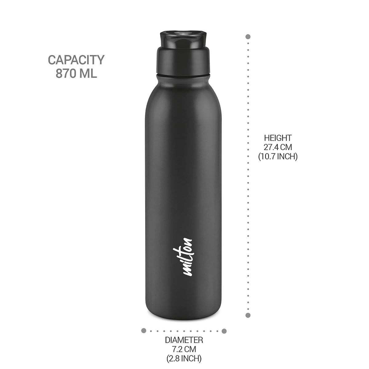 MILTON Caper 1000 Stainless Steel Water Bottle 870 ml, Single Walled, ISI Certified I Leak Proof Lid, Rust Proof I For School, Office, Gym I Black